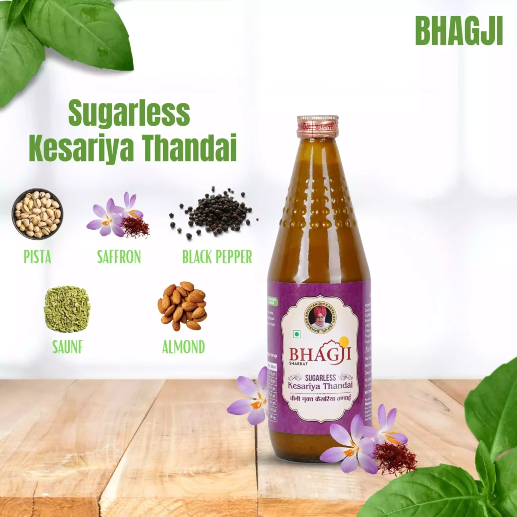 Sugarless Kesariya Thandai by Bhagji Sharbat natural summer drink without essence
