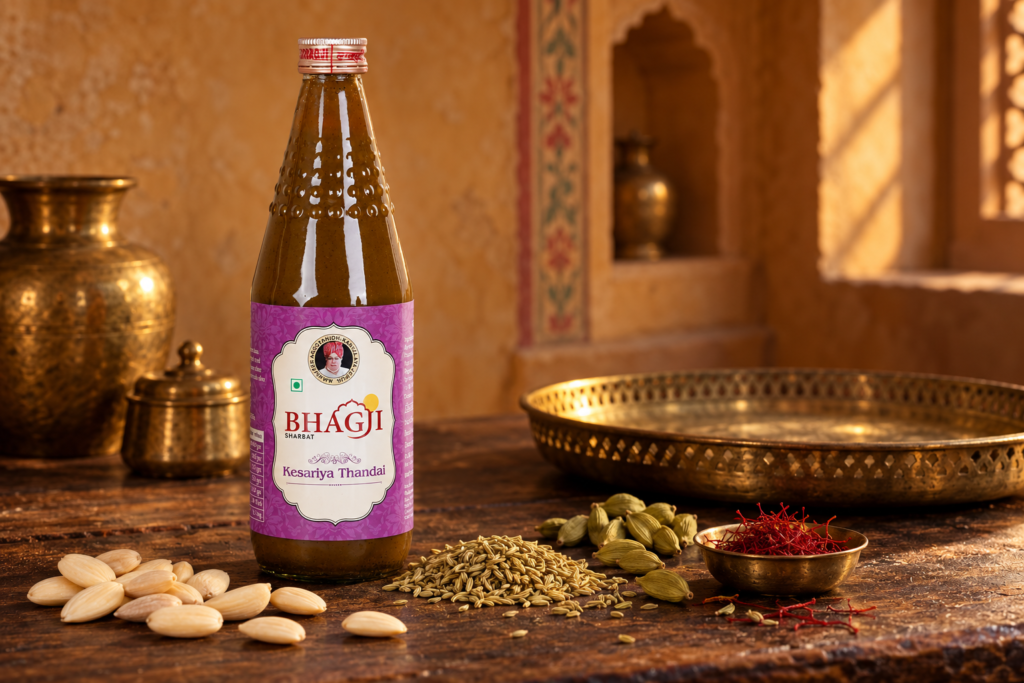 Bottle of thandai concentrate beside almonds, fennel seeds, cardamom pods and saffron
