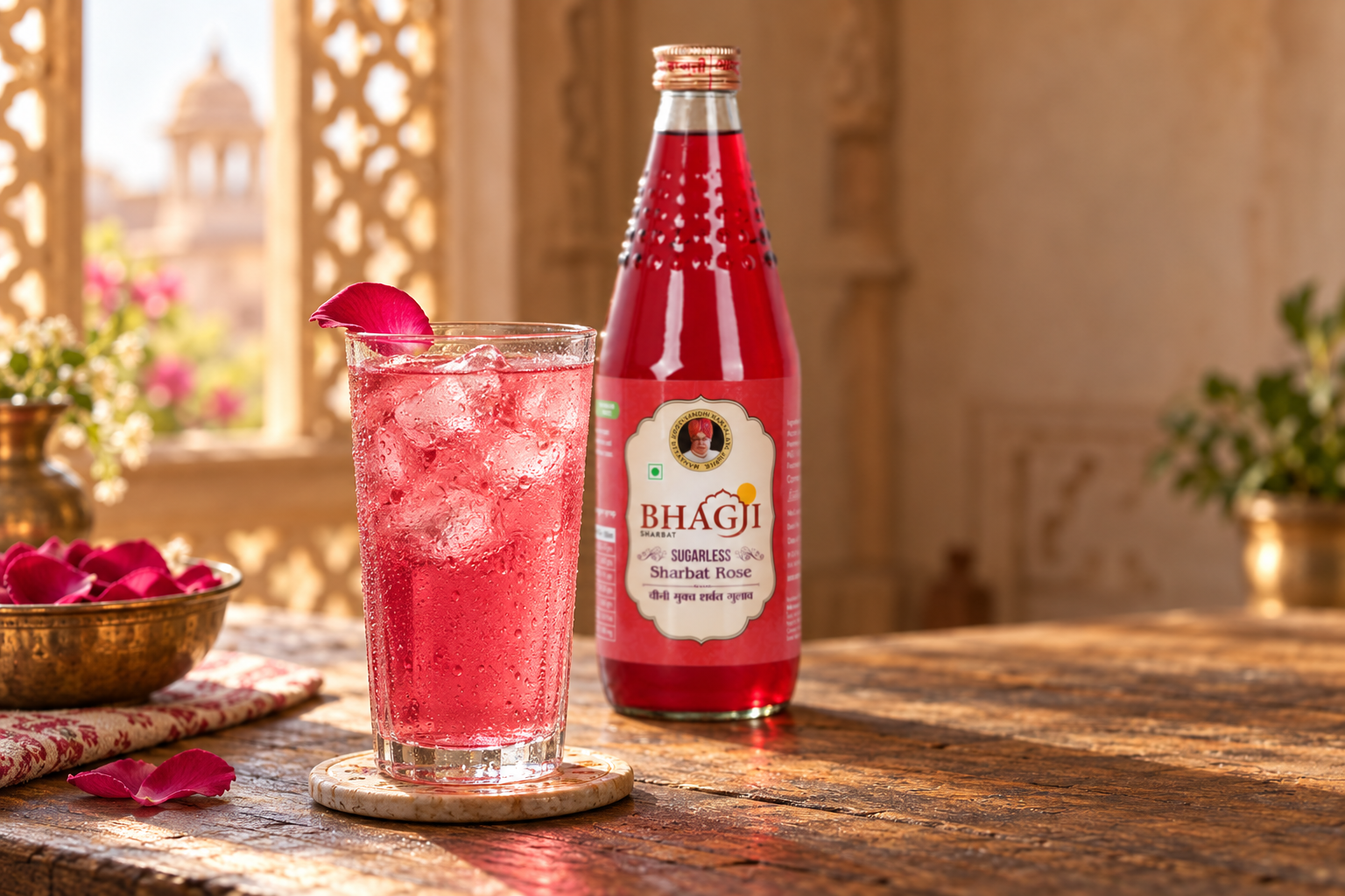 Sugar free sharbat from Bhagji poured into a tall glass with ice in Jaipur