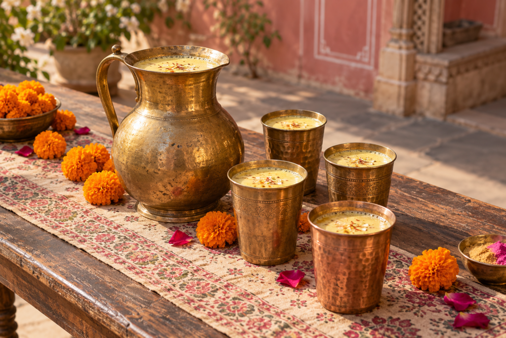Jug of saffron thandai drink with filled tumblers on a Holi table