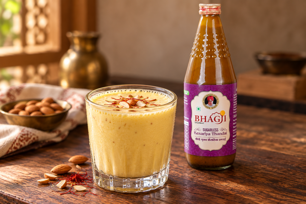 Glass of sugarless kesariya thandai topped with saffron and chopped almonds

